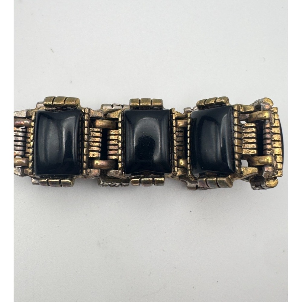 Vintage Thermoset Bracelet Chunky Black Gold Tone Mid Century